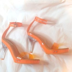 Qupid Neon Orange Open Toe Strap Heels